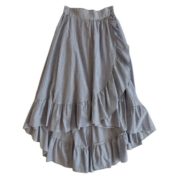 Maje Blue and White Striped Ruffled Wrap-Effect High-Low Maxi Skirt - Picture 6 of 13